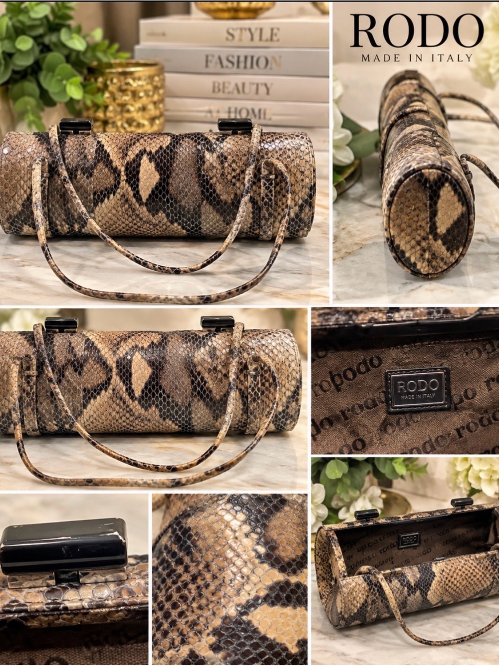 Vintage RODO Italy Snakeskin Exotic Leather Barrel Frame Shoulder Bag